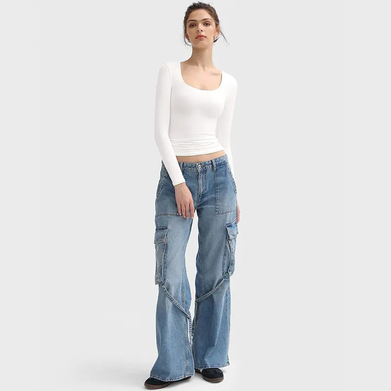 🌸Women’s Minimalist Double Layer Scoop Neck Top – Elegant Slim Fit Long Sleeve Basic Shirt