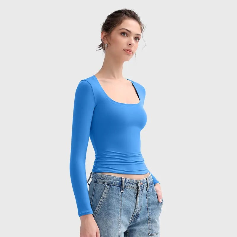 🌸Women’s Minimalist Double Layer Scoop Neck Top – Elegant Slim Fit Long Sleeve Basic Shirt