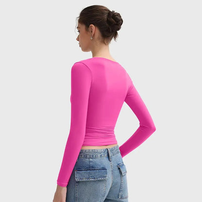 🌸Women’s Minimalist Double Layer Scoop Neck Top – Elegant Slim Fit Long Sleeve Basic Shirt