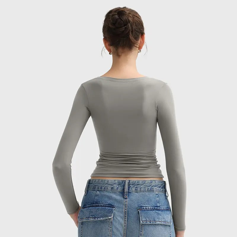 🌸Women’s Minimalist Double Layer Scoop Neck Top – Elegant Slim Fit Long Sleeve Basic Shirt