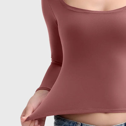 🌸Women’s Minimalist Double Layer Scoop Neck Top – Elegant Slim Fit Long Sleeve Basic Shirt