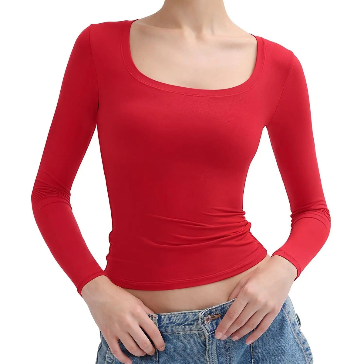 🌸Women’s Minimalist Double Layer Scoop Neck Top – Elegant Slim Fit Long Sleeve Basic Shirt