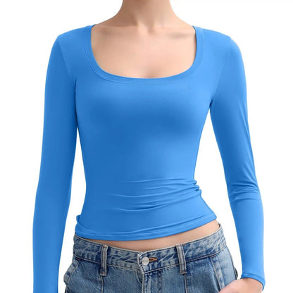 🌸Women’s Minimalist Double Layer Scoop Neck Top – Elegant Slim Fit Long Sleeve Basic Shirt