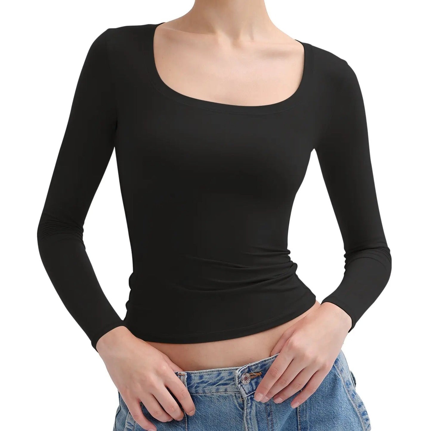 🌸Women’s Minimalist Double Layer Scoop Neck Top – Elegant Slim Fit Long Sleeve Basic Shirt