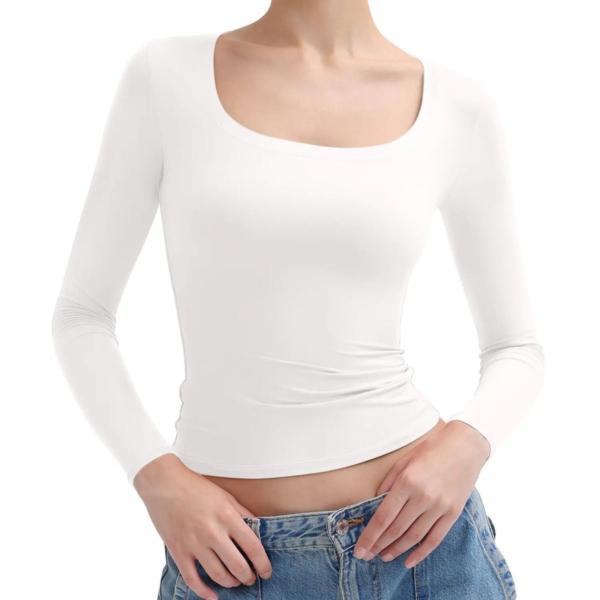 🌸Women’s Minimalist Double Layer Scoop Neck Top – Elegant Slim Fit Long Sleeve Basic Shirt
