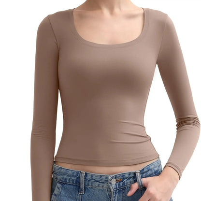 🌸Women’s Minimalist Double Layer Scoop Neck Top – Elegant Slim Fit Long Sleeve Basic Shirt