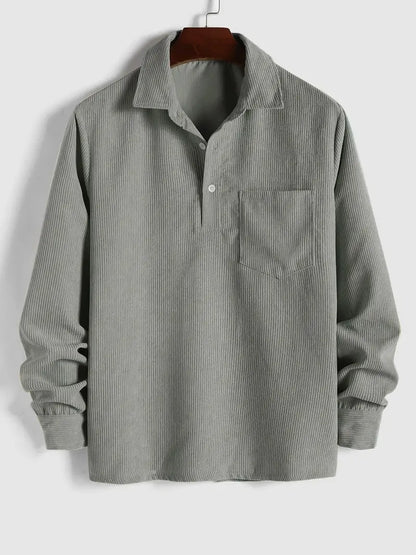 Men's Plain Pocket Half Button Corduroy Shirt