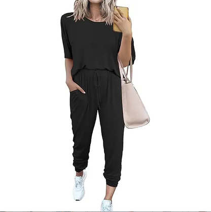 Women's 2-Piece Set Summer Outfits XS-5XL Crew Neck Short Sleeve Tracksuit Jogger Set With Drawstring and Pockets Comfy Lounge Wear