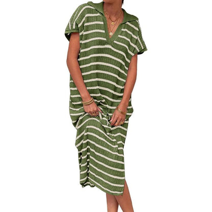「90%OFF only today」Womens Striped Summer Dresses Short Sleeve V Neck Knit Collared Sexy Slit Loose Maxi Sweater Dress