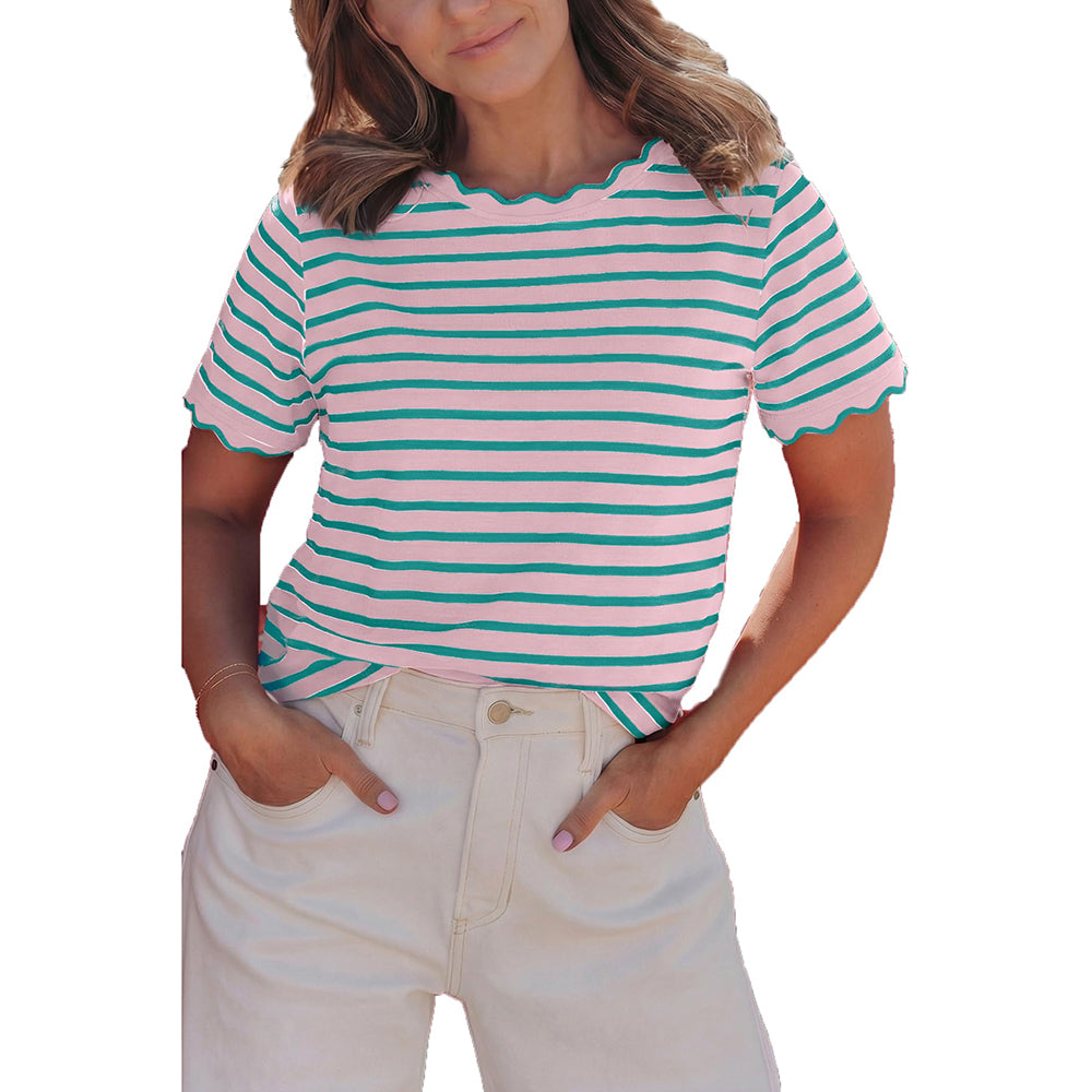 Women's Top Stripe Scalloped Trim Round Neck T Shirt