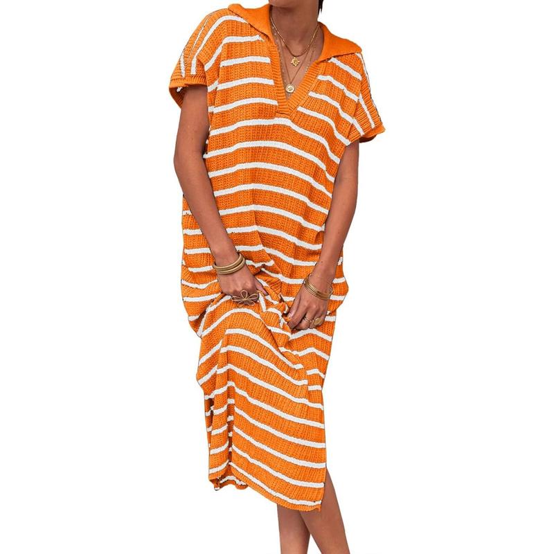 「90%OFF only today」Womens Striped Summer Dresses Short Sleeve V Neck Knit Collared Sexy Slit Loose Maxi Sweater Dress