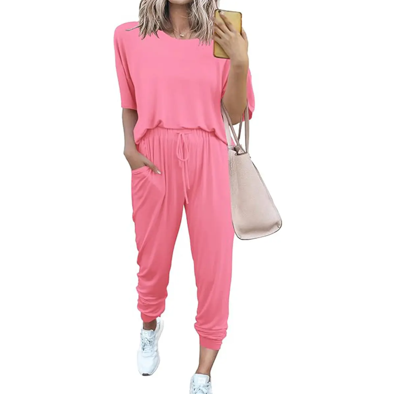 Women's 2-Piece Set Summer Outfits XS-5XL Crew Neck Short Sleeve Tracksuit Jogger Set With Drawstring and Pockets Comfy Lounge Wear