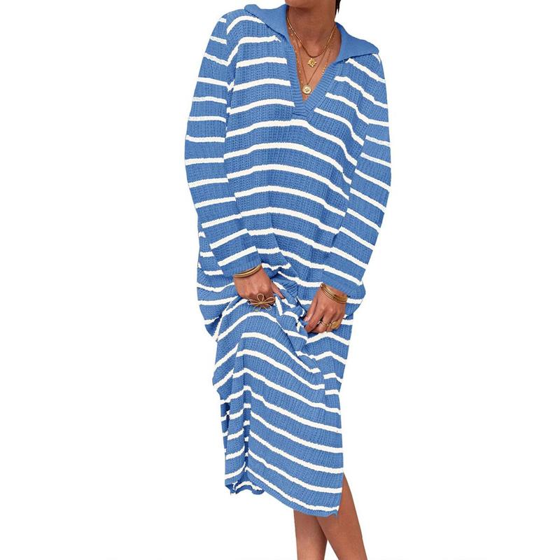 「90%OFF only today」Womens Striped Summer Dresses Short Sleeve V Neck Knit Collared Sexy Slit Loose Maxi Sweater Dress