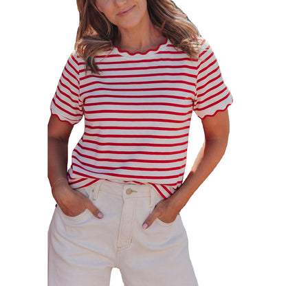 Women's Top Stripe Scalloped Trim Round Neck T Shirt