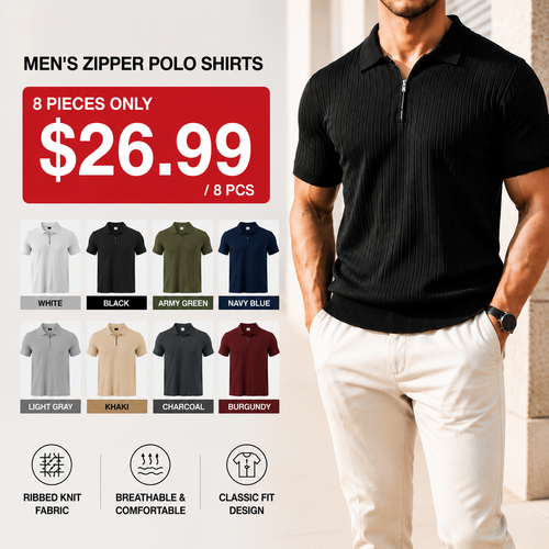 🔥Men's Ribbed Knit Zipper Polo Shirt – Short Sleeve Casual Golf Shirt