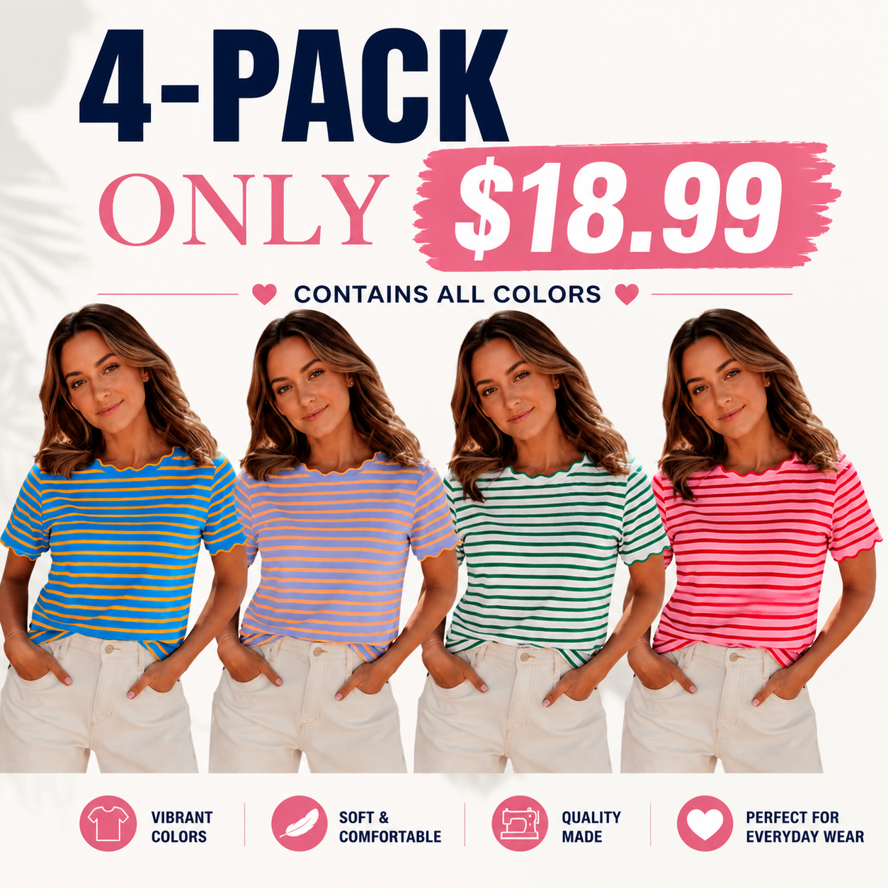 Women's Top Stripe Scalloped Trim Round Neck T Shirt