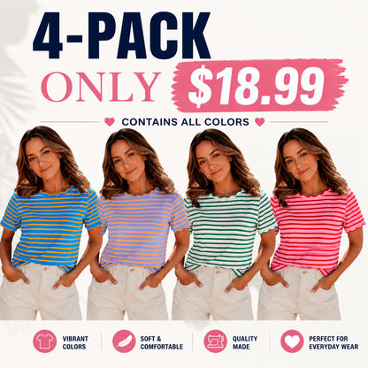 Women's Top Stripe Scalloped Trim Round Neck T Shirt