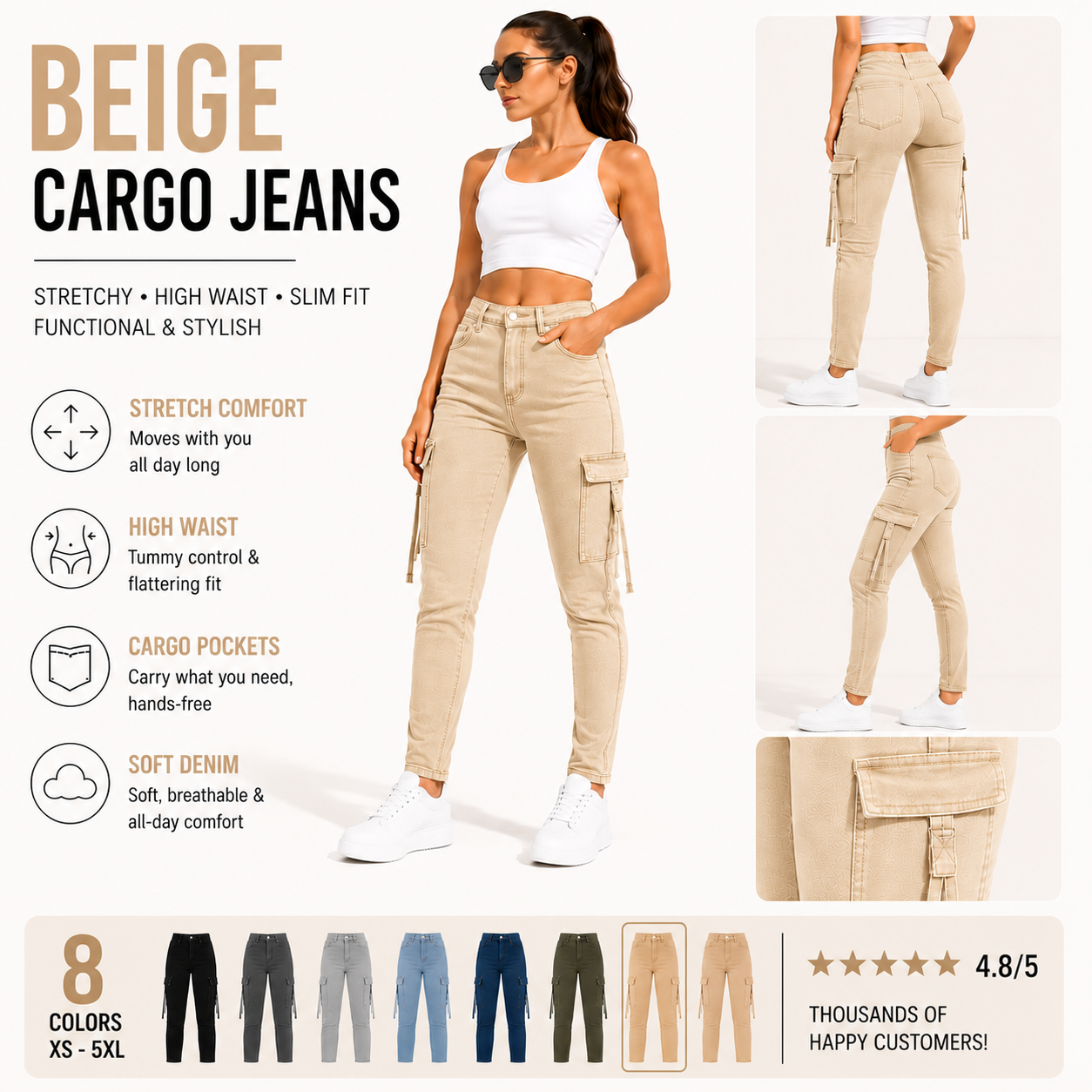 Women's High Waisted Stretch Cargo Jeans with Pockets
