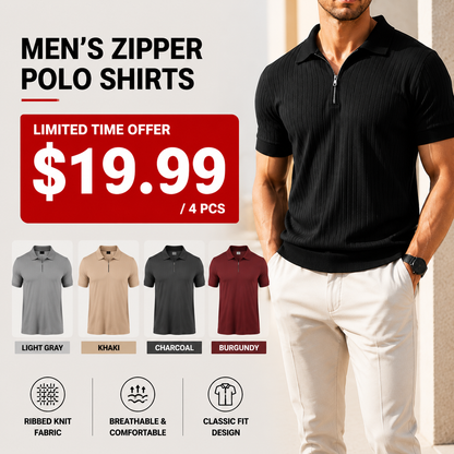 🔥Men's Ribbed Knit Zipper Polo Shirt – Short Sleeve Casual Golf Shirt
