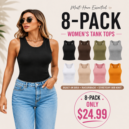 This Week's Special Price🍃Round Neck Built-in Bra Ribbed Tank Top Fit Casual Comfortable💥