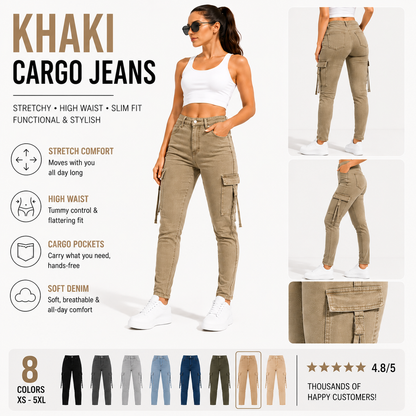 Women's High Waisted Stretch Cargo Jeans with Pockets