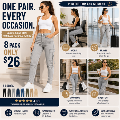 Women's High Waisted Stretch Cargo Jeans with Pockets