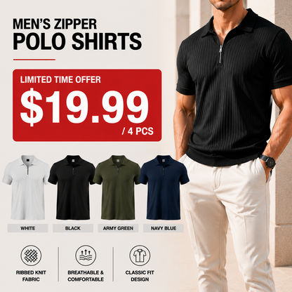 🔥Men's Ribbed Knit Zipper Polo Shirt – Short Sleeve Casual Golf Shirt