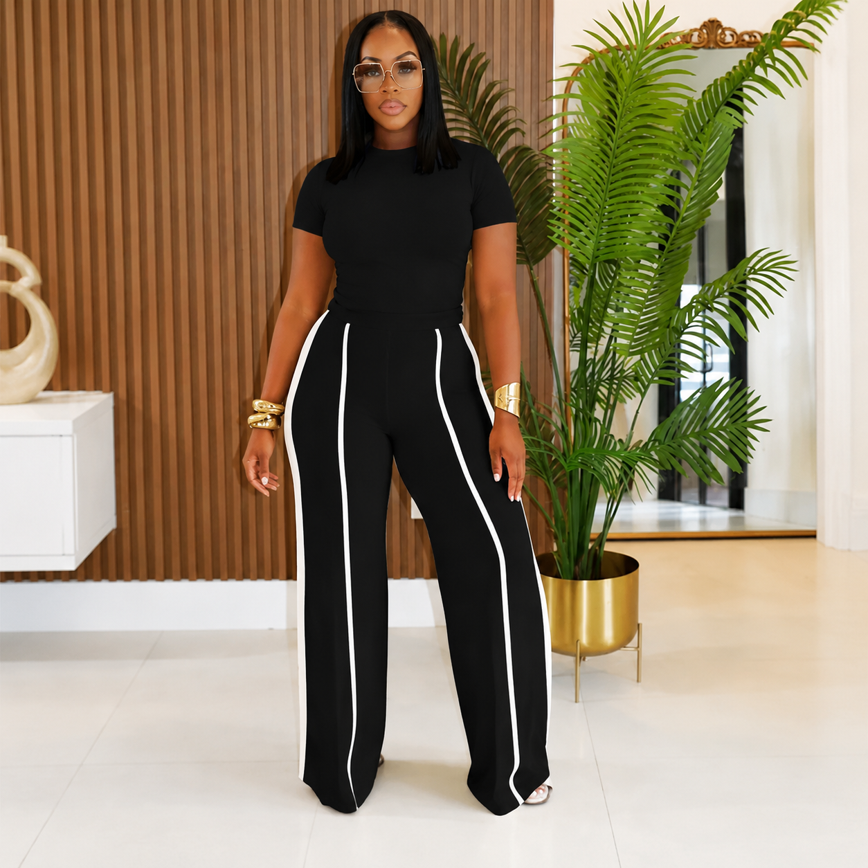 High Waist Contrast Stripe Wide Leg Pants