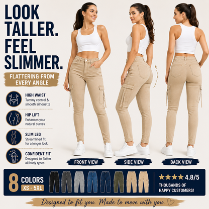 Women's High Waisted Stretch Cargo Jeans with Pockets