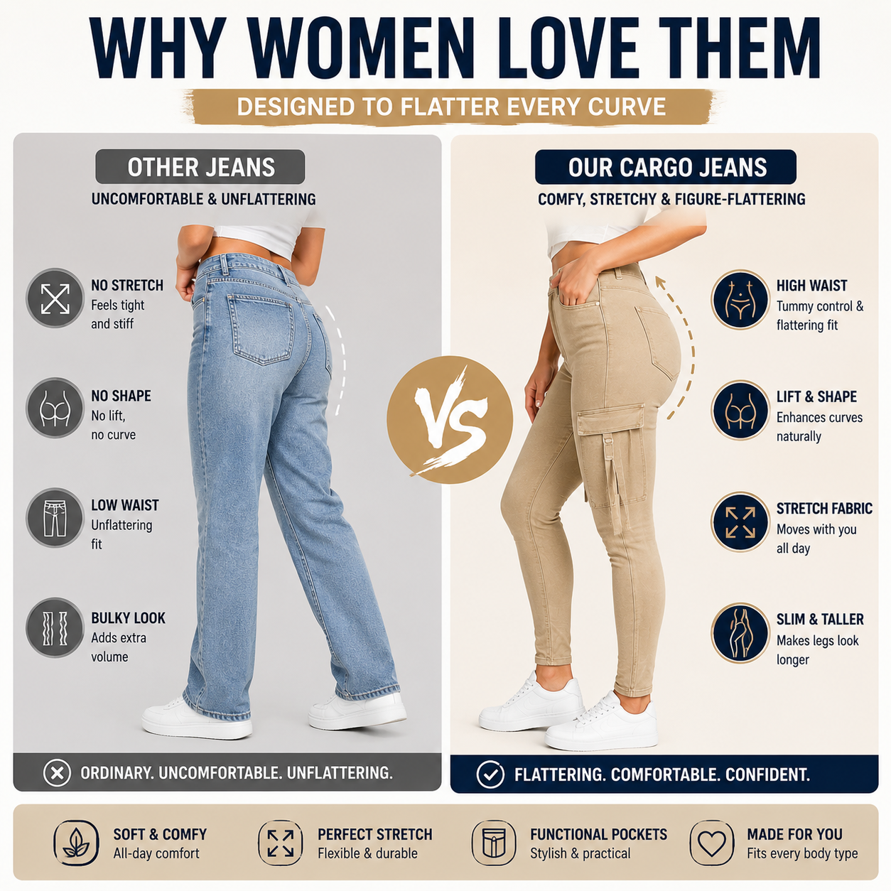 Women's High Waisted Stretch Cargo Jeans with Pockets
