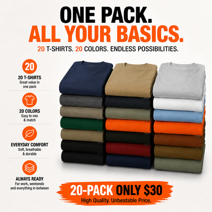 ⭐ Heavyweight Cotton Work T-Shirts 20-Pack Value Bundle