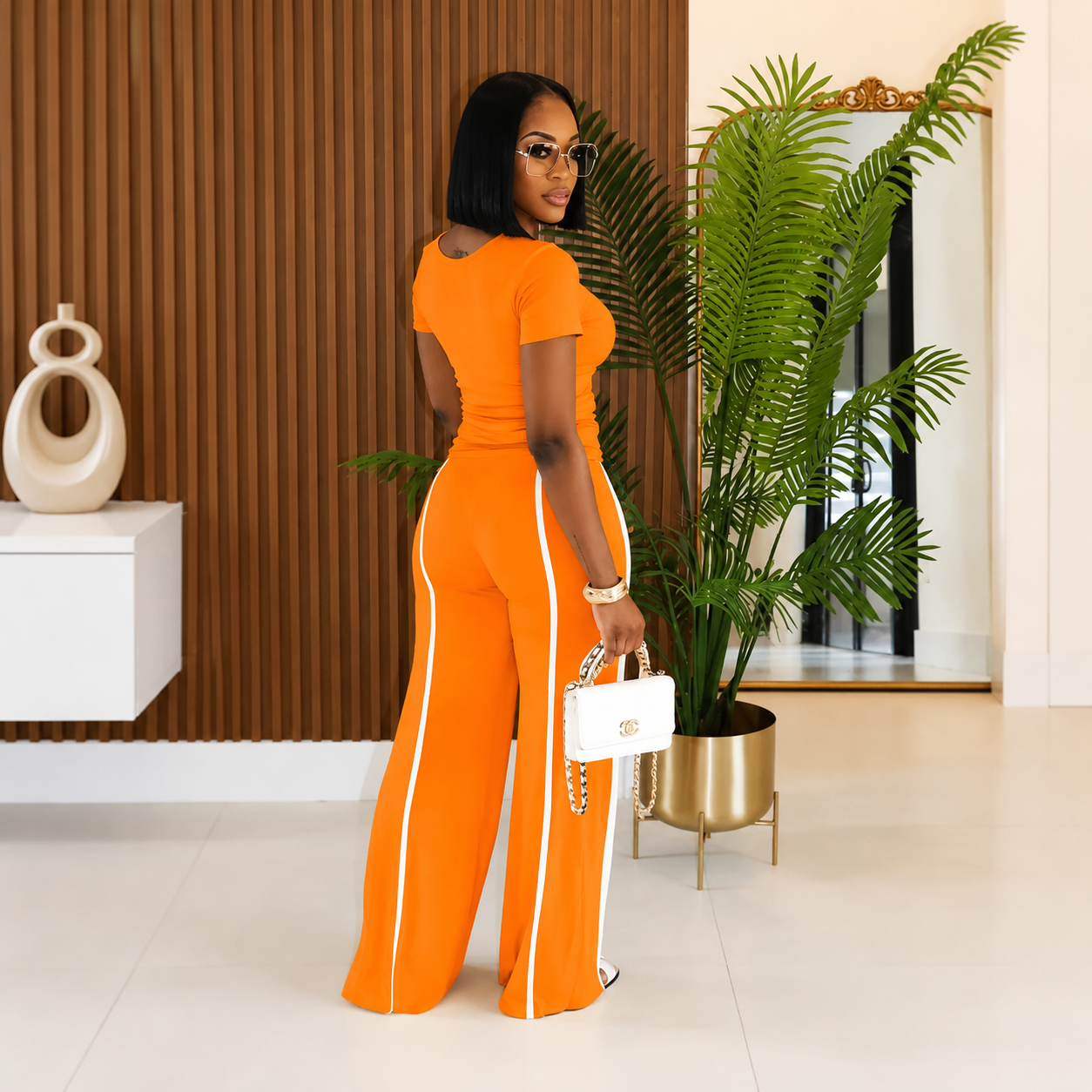 High Waist Contrast Stripe Wide Leg Pants