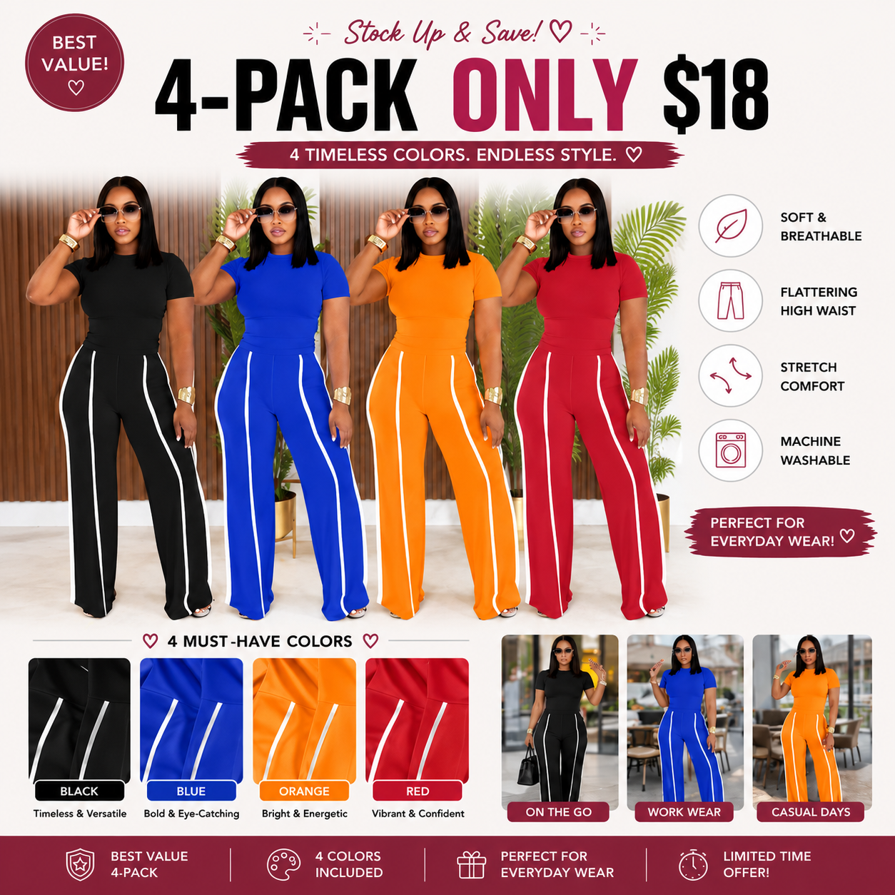High Waist Contrast Stripe Wide Leg Pants