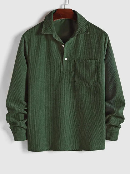 Men's Plain Pocket Half Button Corduroy Shirt