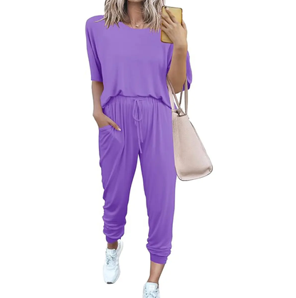 Women's 2-Piece Set Summer Outfits XS-5XL Crew Neck Short Sleeve Tracksuit Jogger Set With Drawstring and Pockets Comfy Lounge Wear