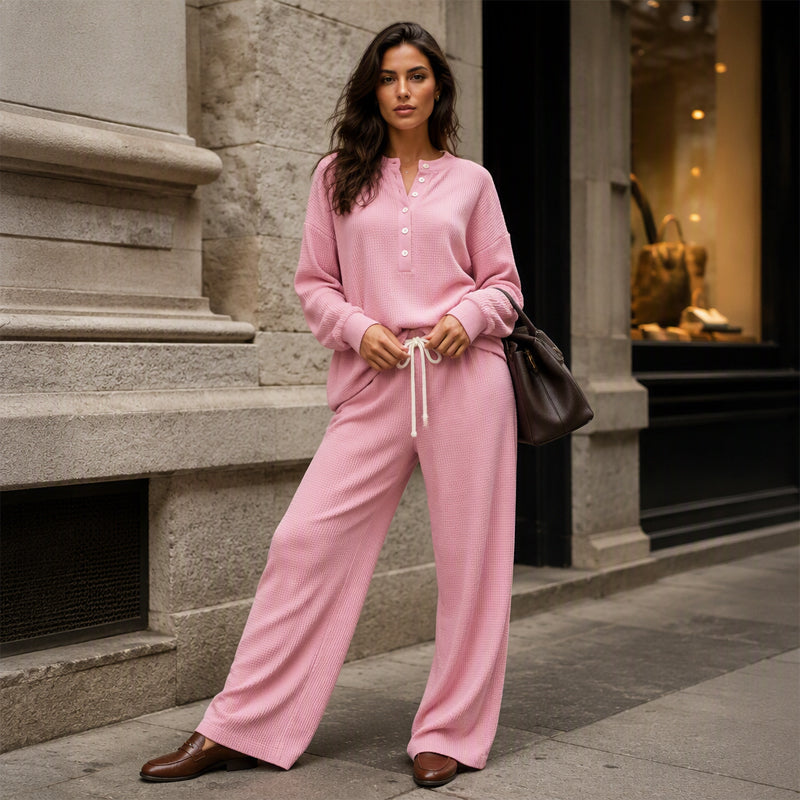 Women's Waffle Knit 2-Piece Lounge Set – Henley Long Sleeve Top & Wide-Leg Drawstring Pants