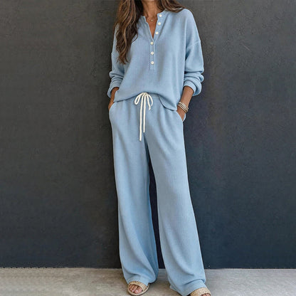Women's Waffle Knit 2-Piece Lounge Set – Henley Long Sleeve Top & Wide-Leg Drawstring Pants