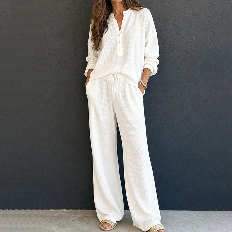 Women's Waffle Knit 2-Piece Lounge Set – Henley Long Sleeve Top & Wide-Leg Drawstring Pants