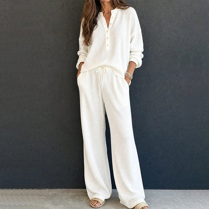 Women's Waffle Knit 2-Piece Lounge Set – Henley Long Sleeve Top & Wide-Leg Drawstring Pants