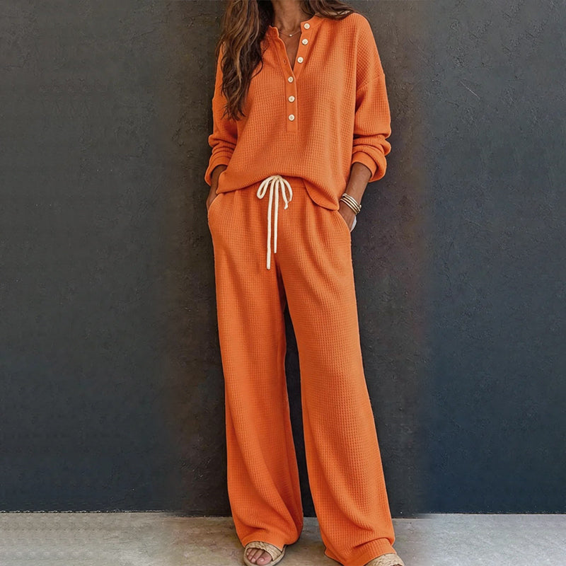 Women's Waffle Knit 2-Piece Lounge Set – Henley Long Sleeve Top & Wide-Leg Drawstring Pants