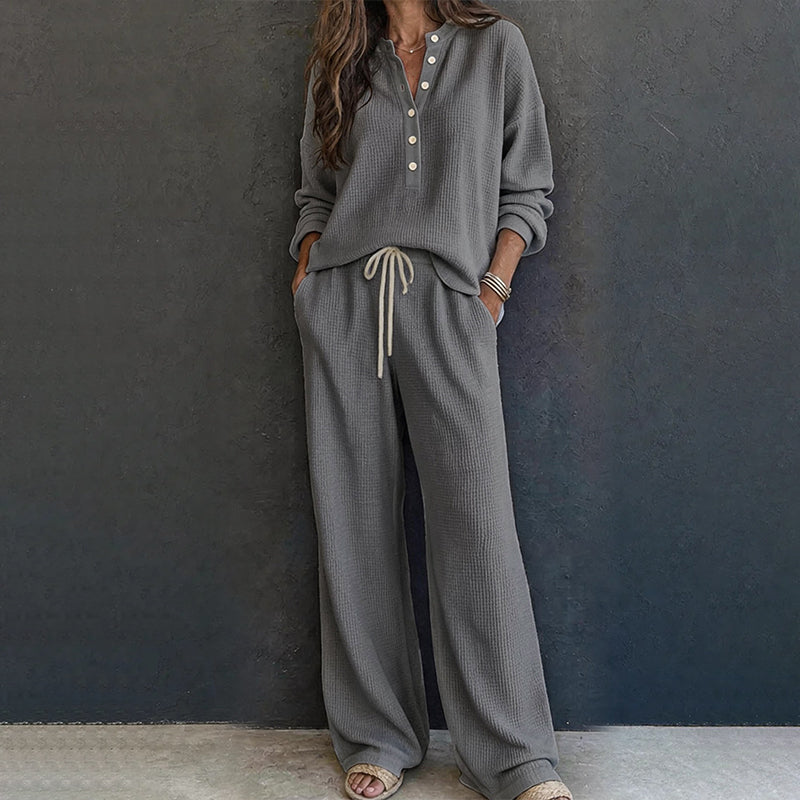 Women's Waffle Knit 2-Piece Lounge Set – Henley Long Sleeve Top & Wide-Leg Drawstring Pants