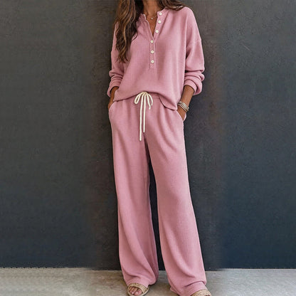 Women's Waffle Knit 2-Piece Lounge Set – Henley Long Sleeve Top & Wide-Leg Drawstring Pants