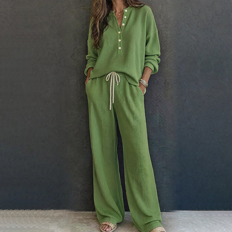Women's Waffle Knit 2-Piece Lounge Set – Henley Long Sleeve Top & Wide-Leg Drawstring Pants